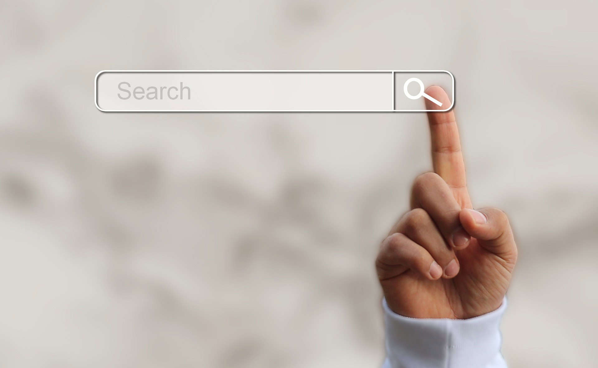 Search visibility image showing clear background and a hand touching the search icon in a browser overlaid