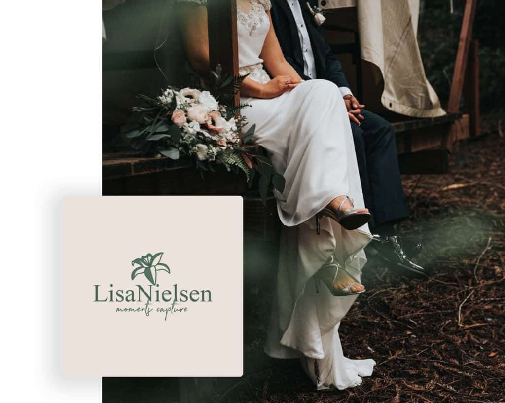 Wedding photo logo with bride and groom in background