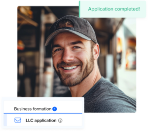 LLC Formation pricing page main image with a happy llc owner smiling with LLC icons overlaid