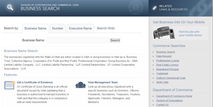 Start by clicking on the Utah business entity search page.