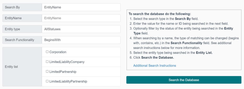 Logging into the New York Department of State Business Name Database