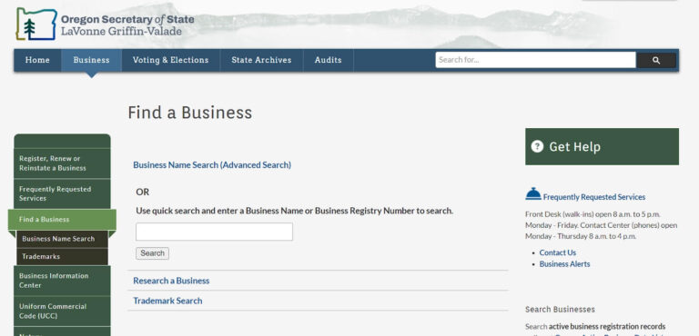 Your entity search begins at the Oregon Secretary of State Find a Business page.