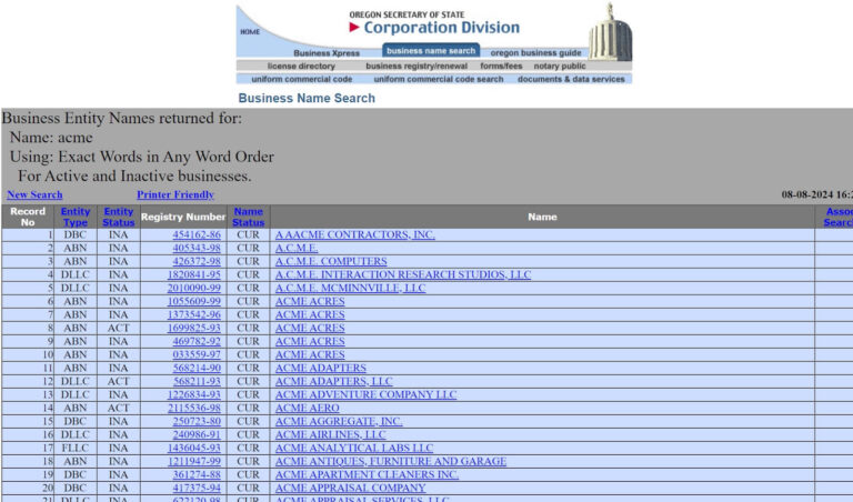 partial list from a search for the name “Acme.”