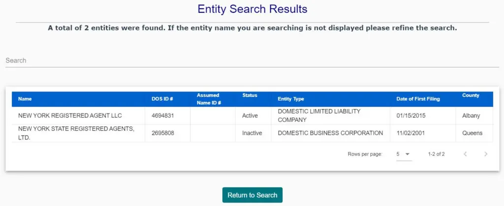 The search results will display any registered business entities with your chosen name