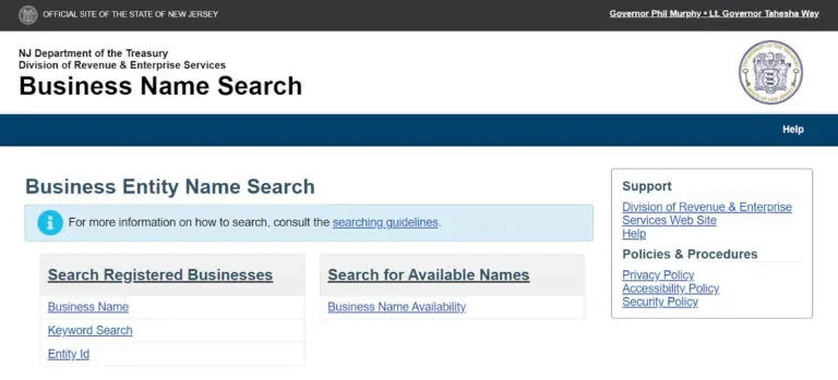 New Jersey Secretary of State Business Name Search page