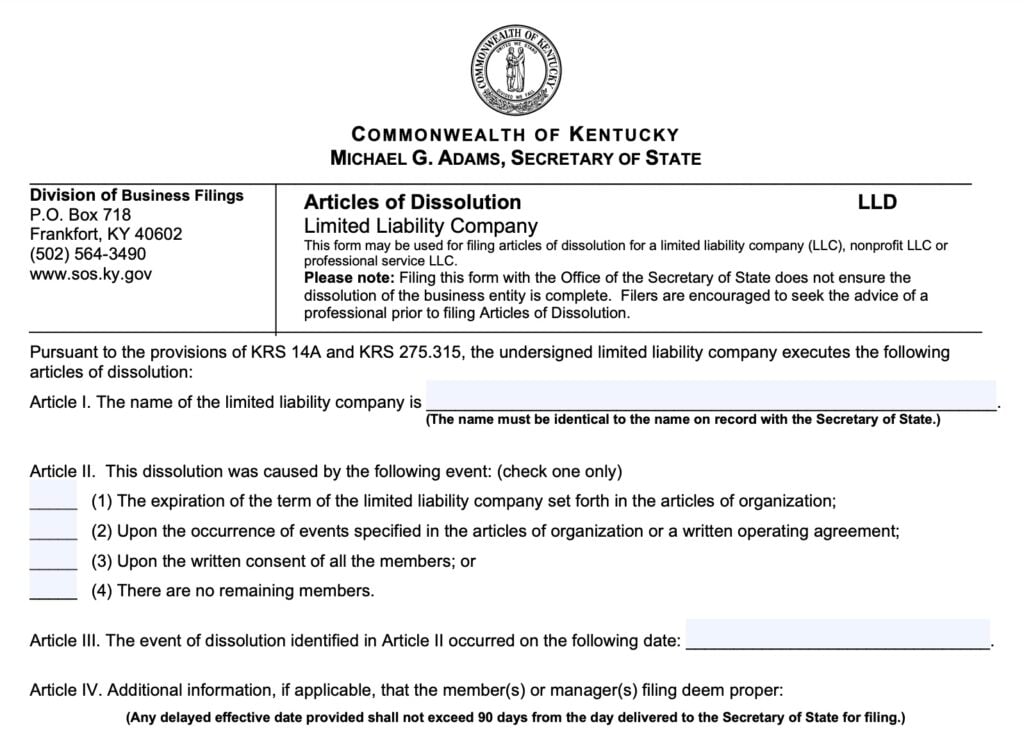 articles of dissolution Kentucky