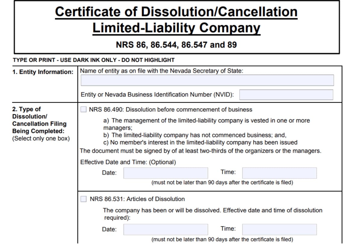 Certificate of Dissolution - Nevada state