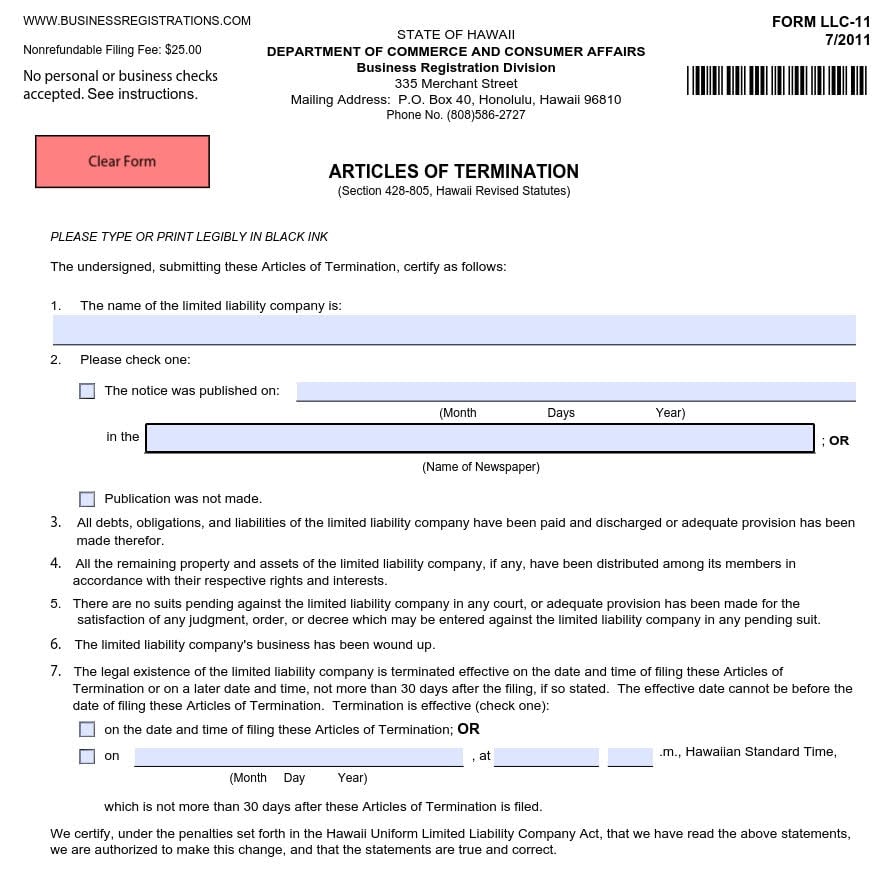 Form LLC-11 (Articles of Termination)