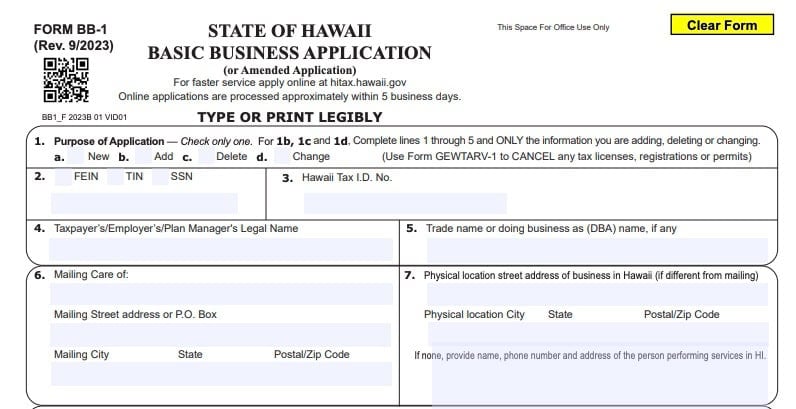 state of hawaii basic business application