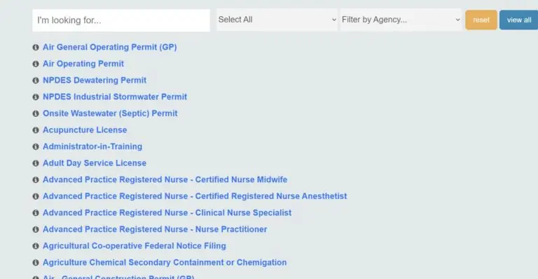 You can look for licensing by category or by agency. You can Select All categories to see a complete list: