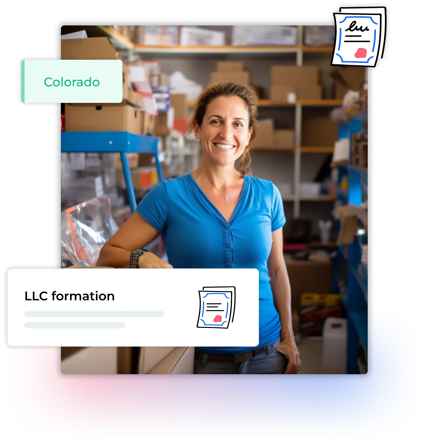 Woman in a blue shirt in a storage room LLC formation Colorado