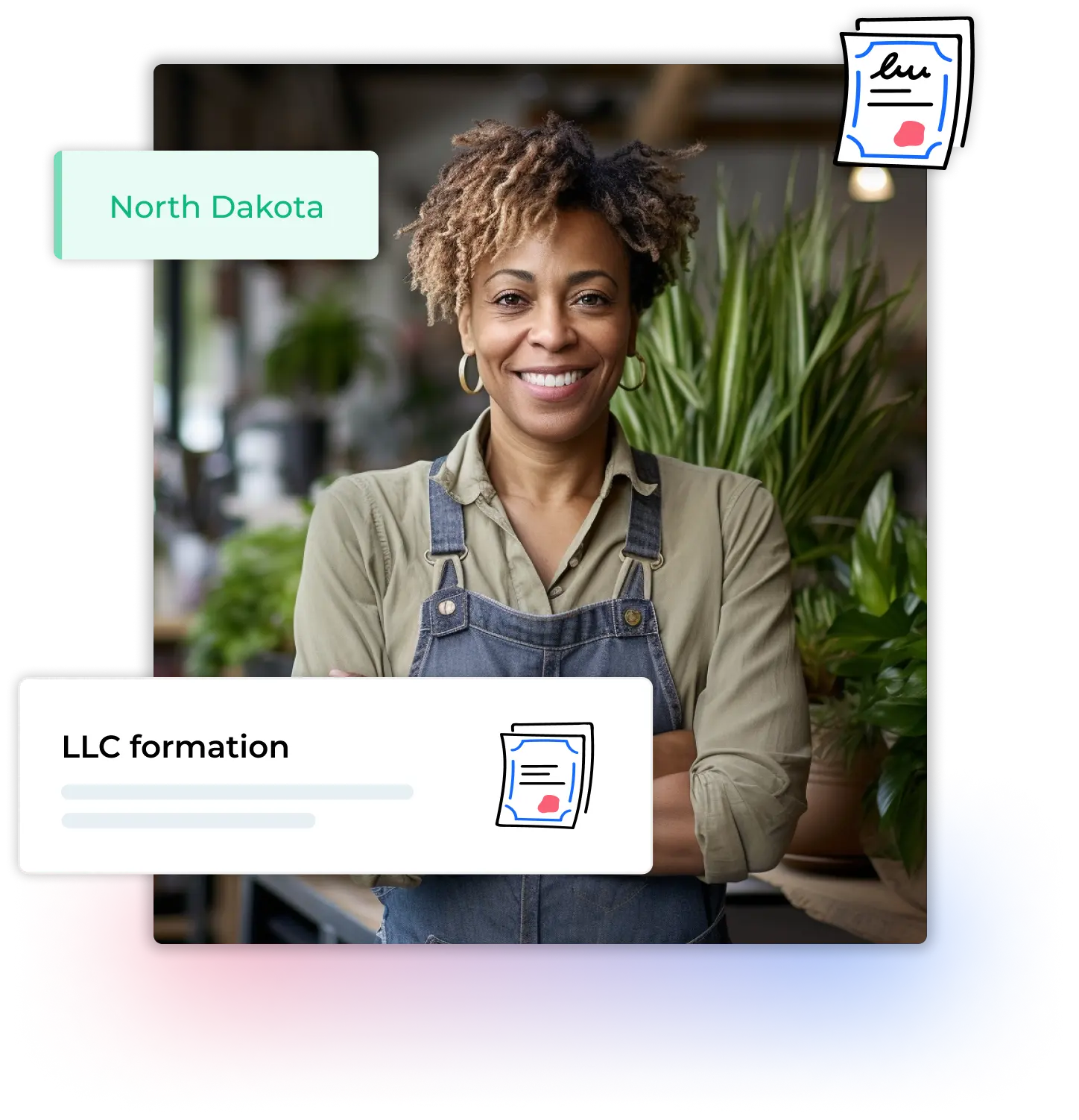 Woman in front of a plant wearing an apron after filing her LLC in North Dakota