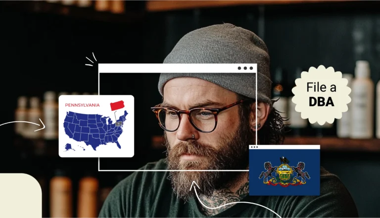 Man with glasses and a knit hat Pennsylvania state with text file a DBA