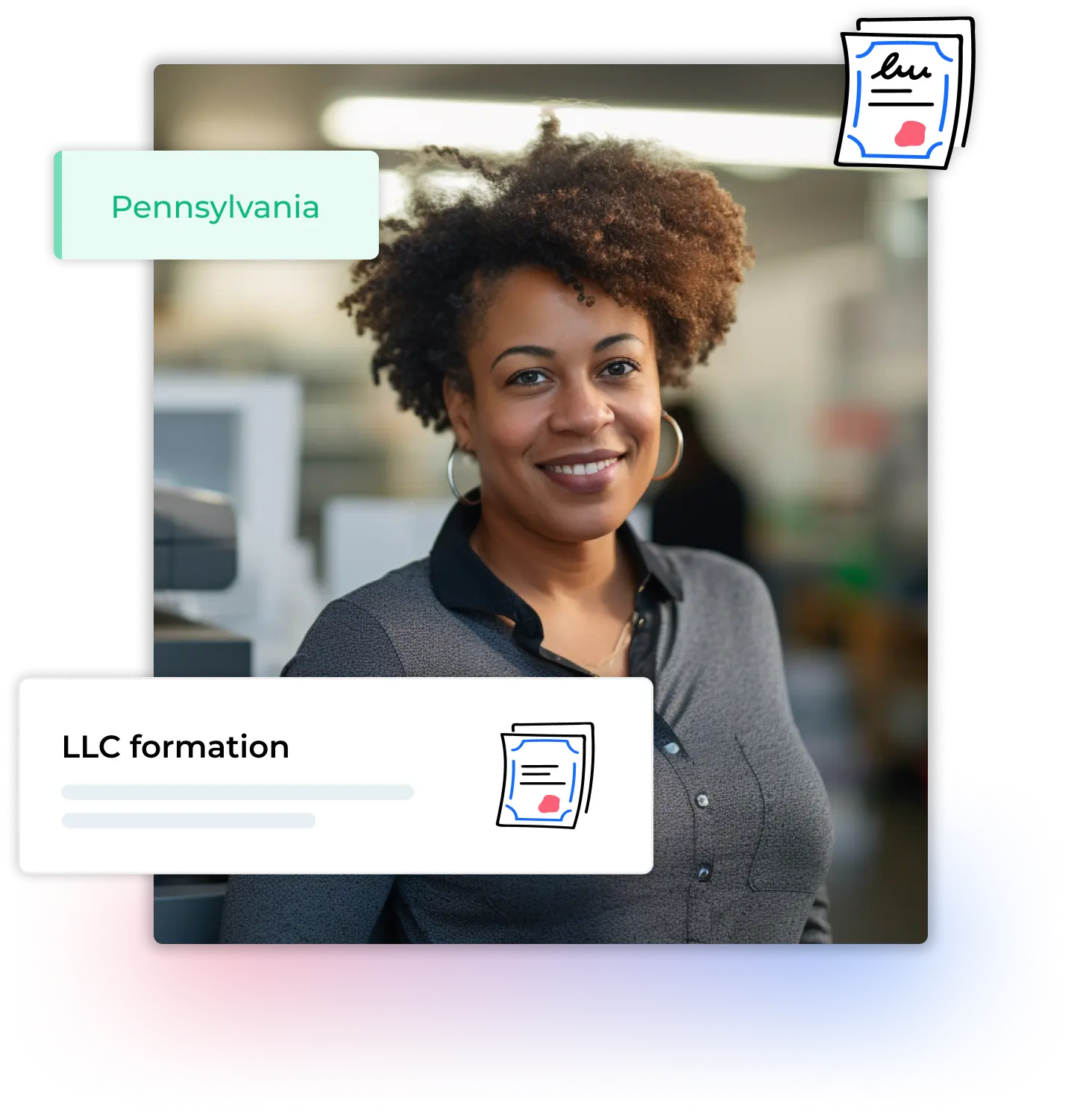 Woman in an office in Pennsylvania next to a printer after filing her LLC