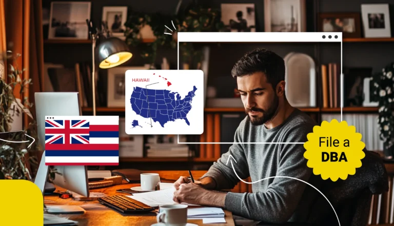 Business man sitting next to his computer with forms, Hawaii and state map and file DBA