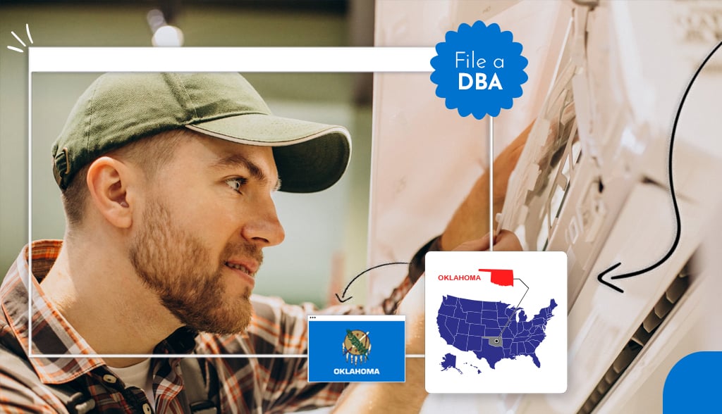 A man with a hat fixing an air conditioner US states map Oklahoma state file a DBA