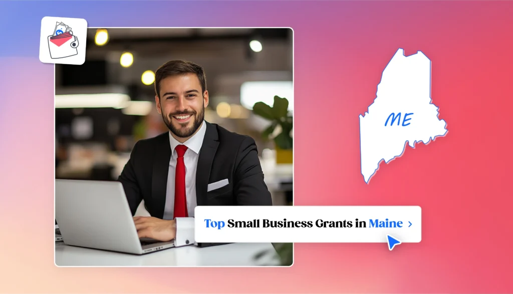 Man in a business suit with a laptop Maine map small business grants