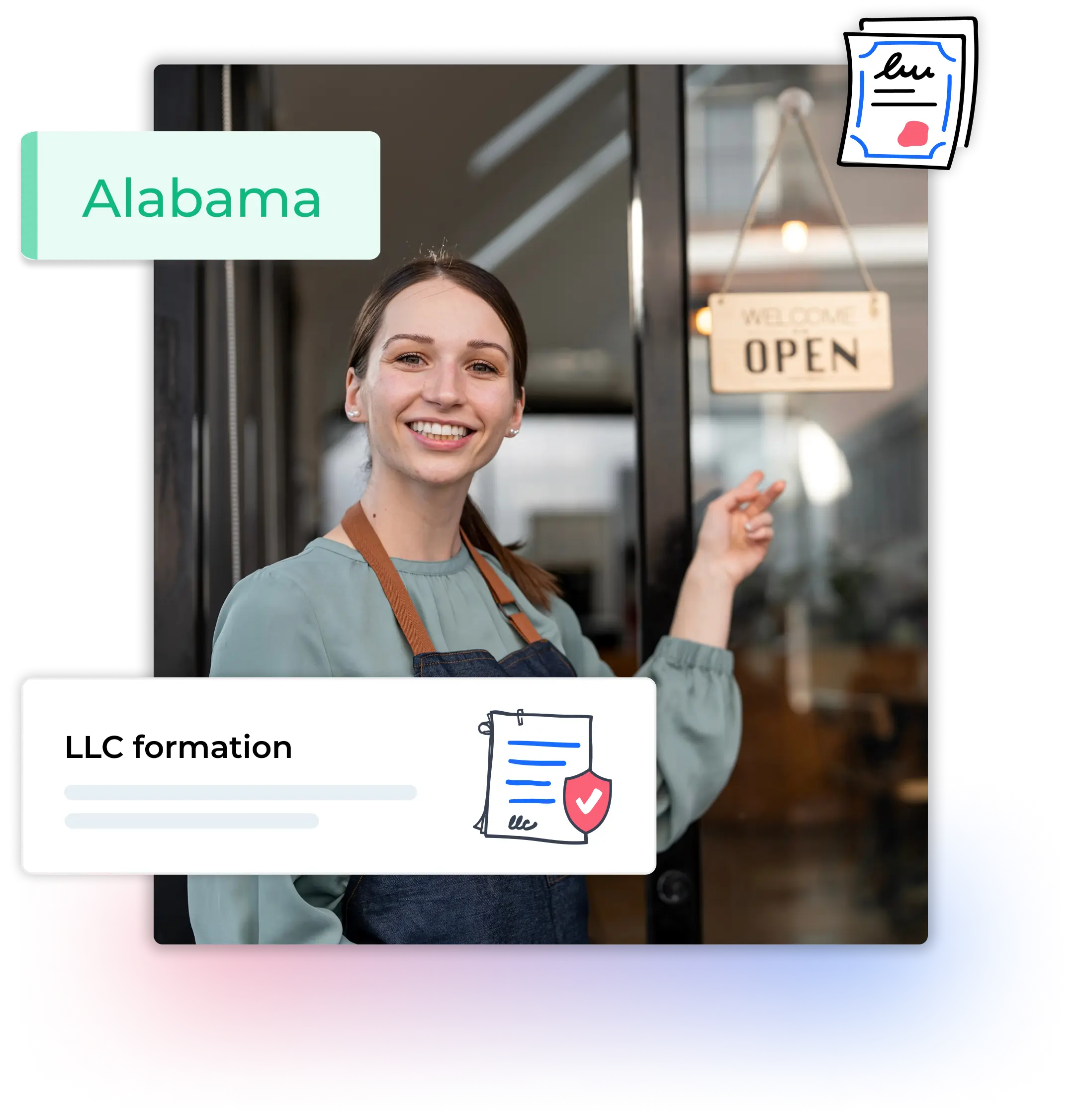 Alabama LLC formation woman with apron pointing at her open sign for her store