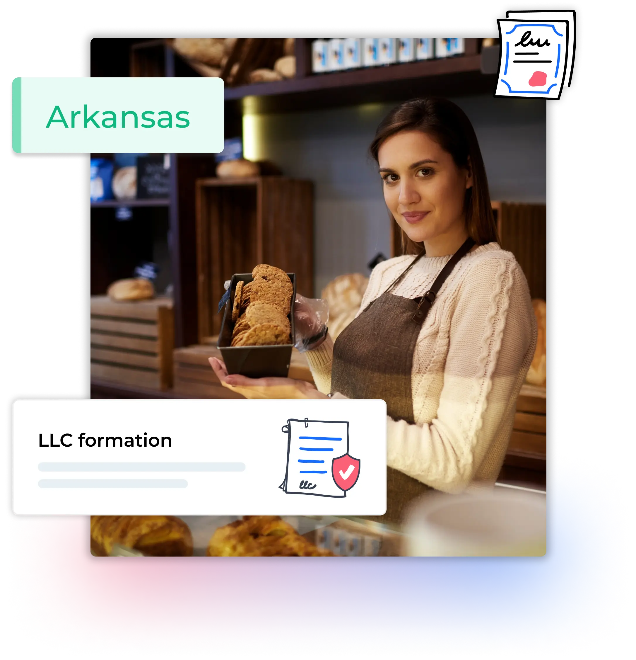 Arkansas LLC formation Woman at her bakery holding cookies