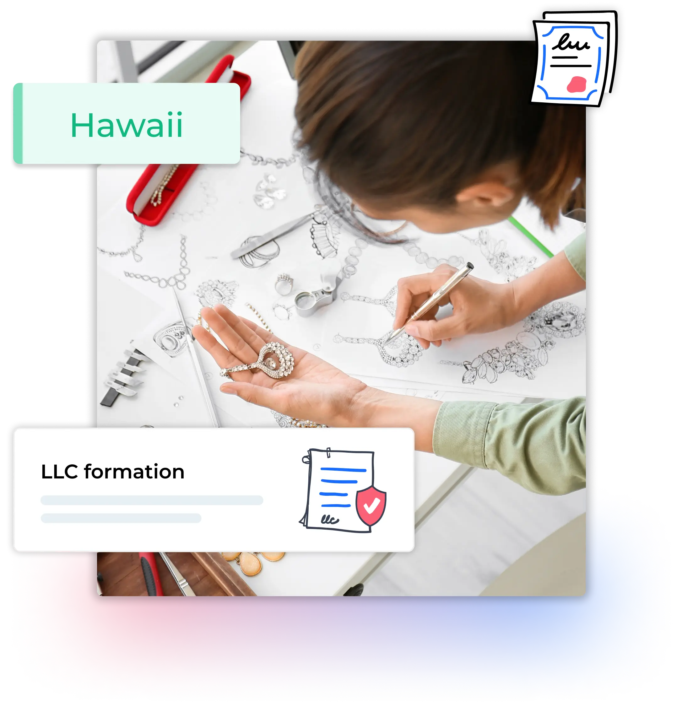 Hawaii LLC formation woman working in her jewelry business drawing sketches