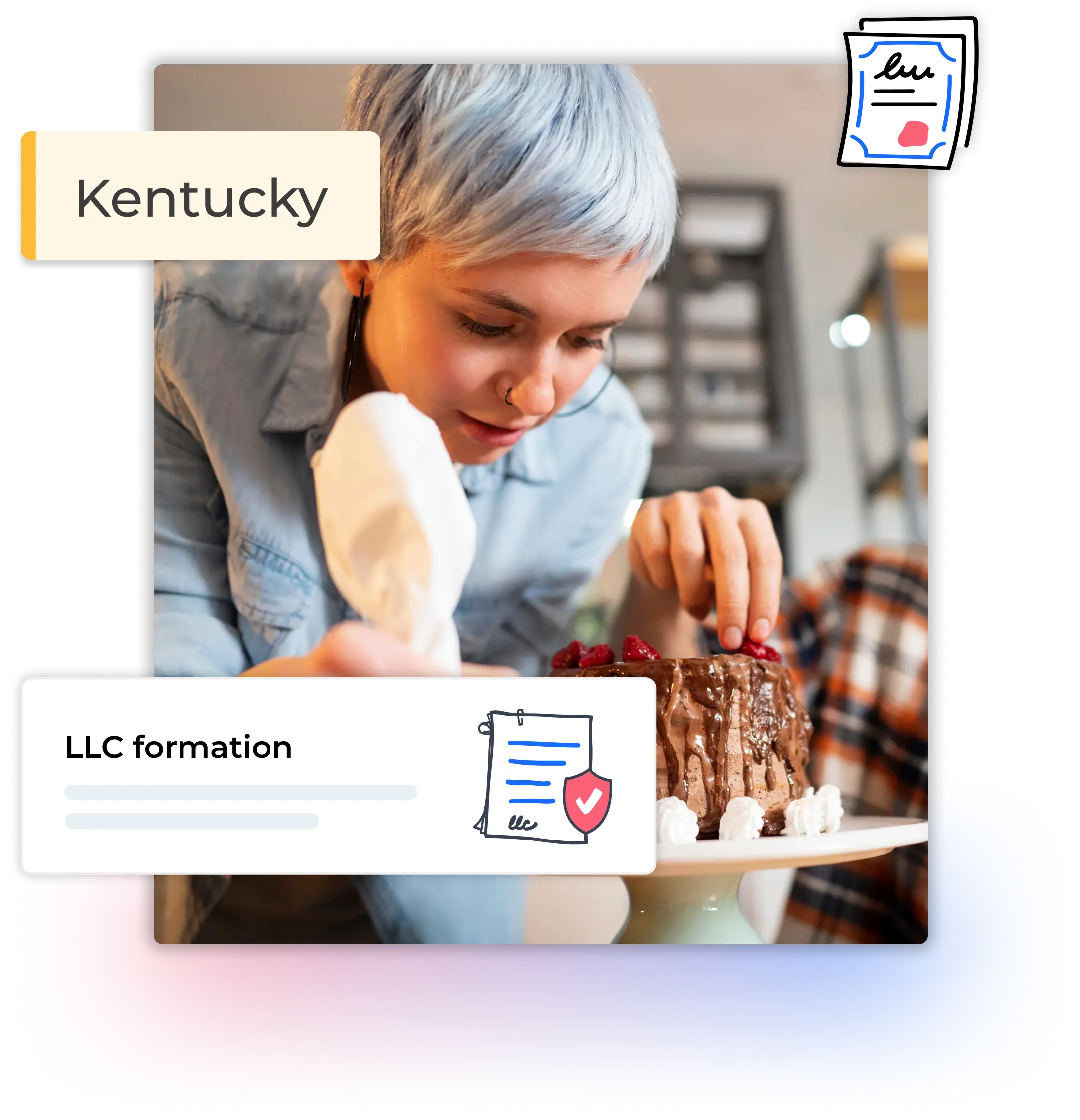 Kentucky LLC formation woman with short hair decorating a cake in her bakery shop