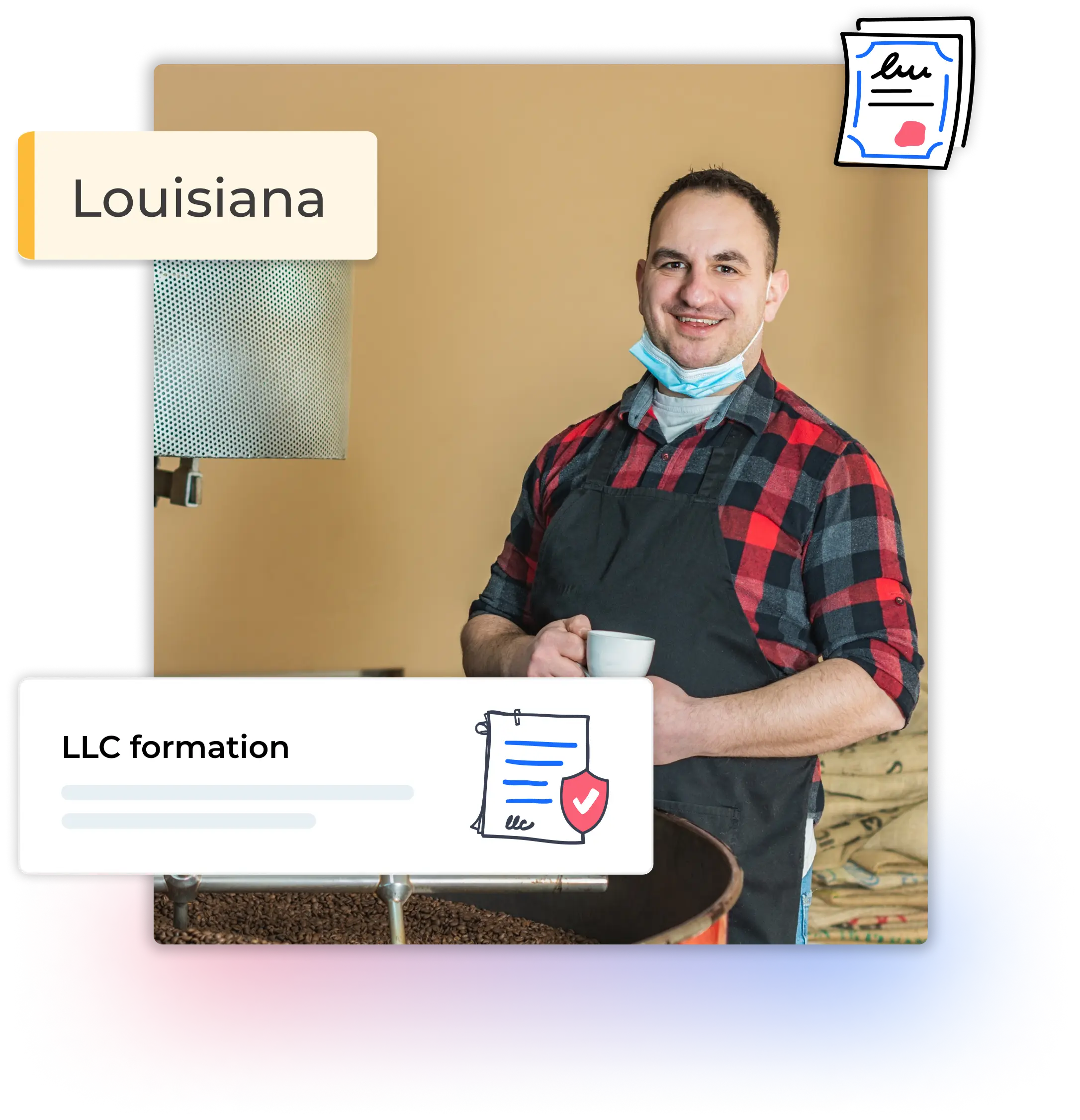 Louisiana LLC formation man standing next to a large coffee bean grinder