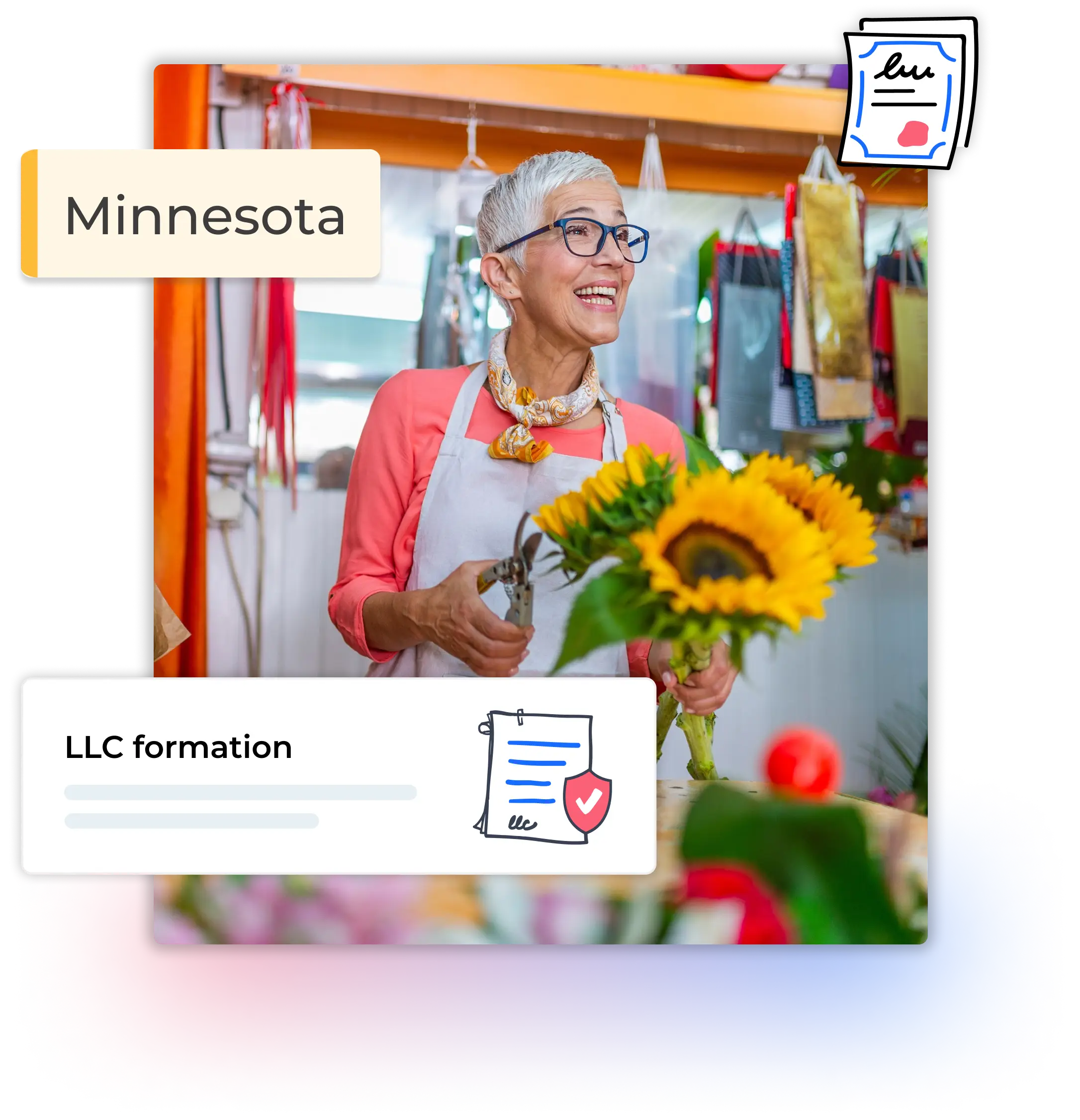 Minnesota LLC formation woman with short hair and glassed holding sunflowers and a cutter at her flower shop