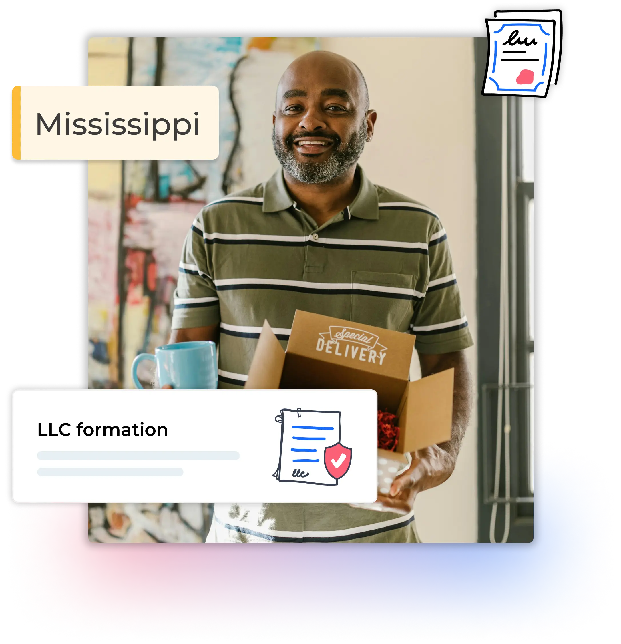 Mississippi LLC formation man holding a mug and a delivery box