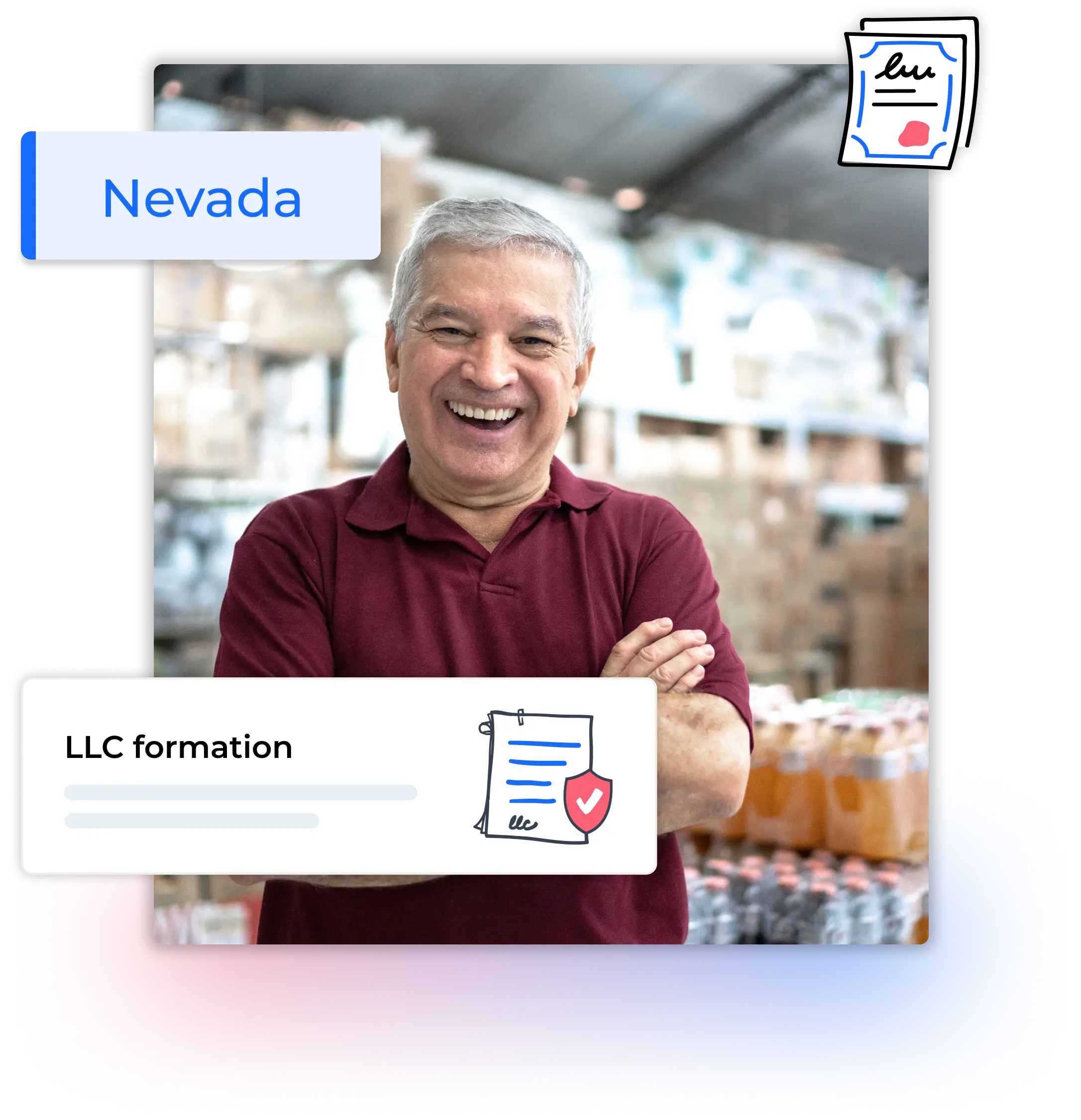 Nevada LLC formation man smiling in a storage room