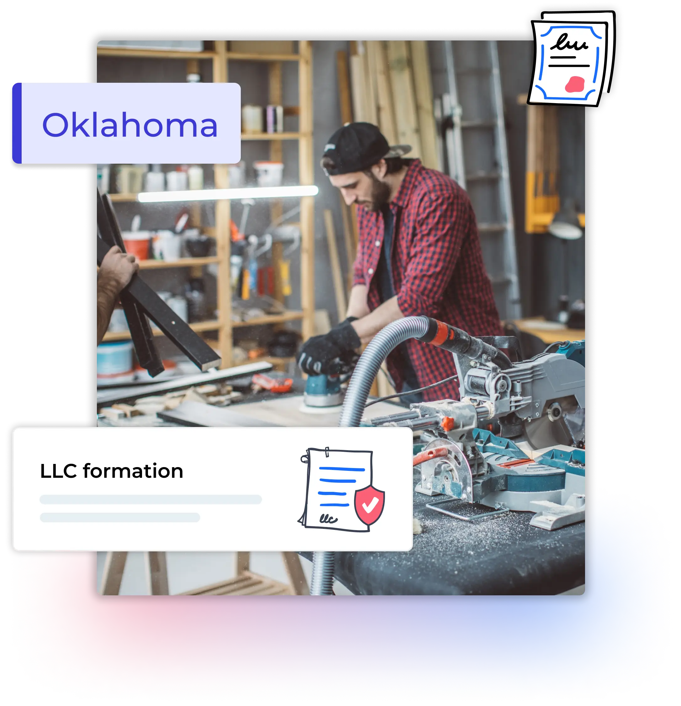 Oklahoma LLC formation man with a cap working in a carpentry shop