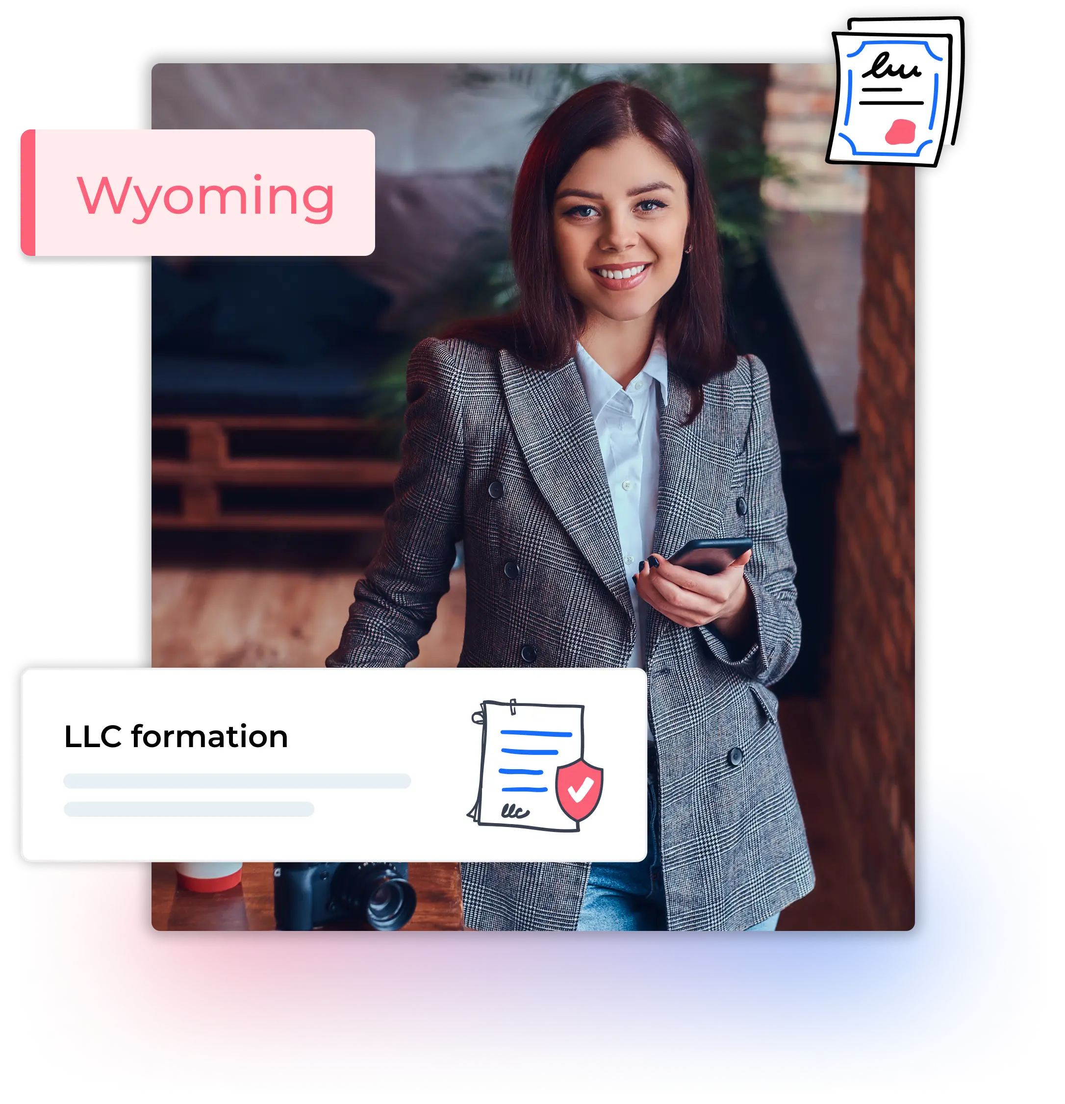 Wyoming LLC formation business woman in her office holding her phone