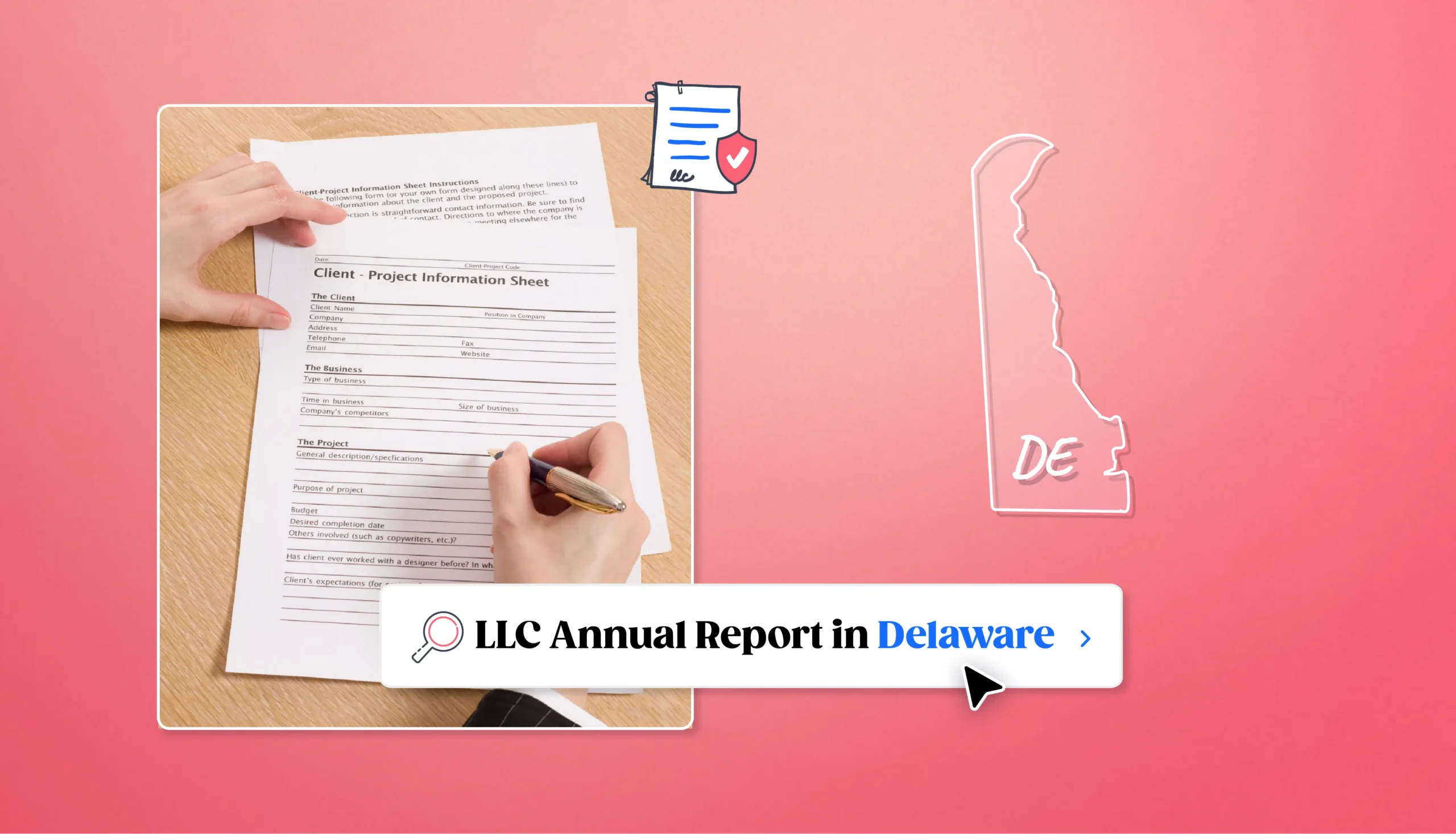 Delaware LLC annual report Delaware map hand filling out form